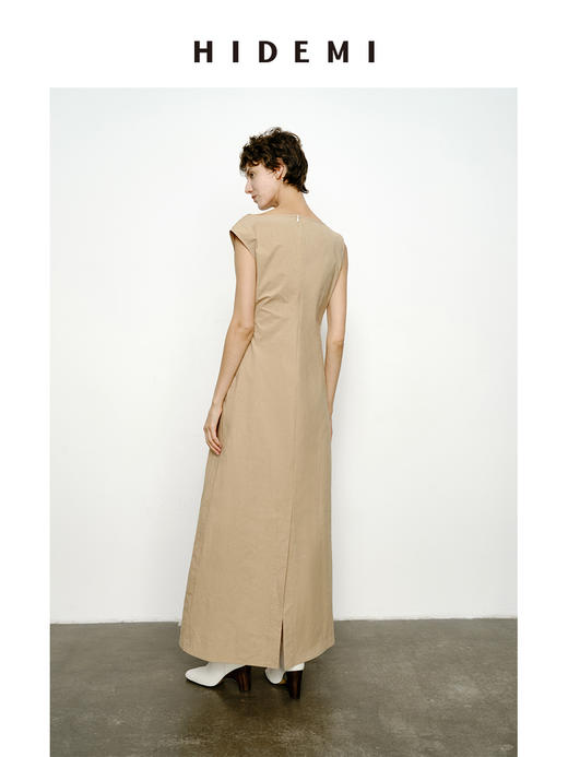 HIDEMI 沙丘色极简不对称雕塑感褶皱特殊工艺纸感立裁连衣裙长裙 商品图7