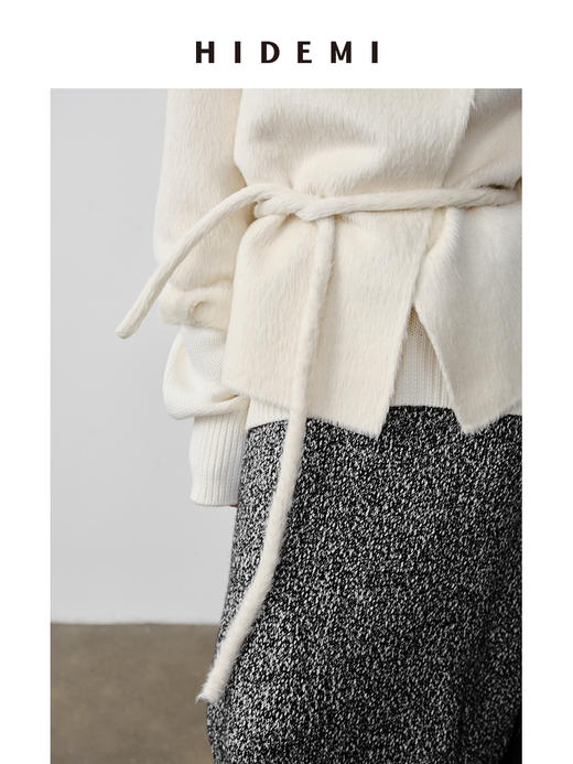 HIDEMI 双面alpaca长毛苏力羊驼毛一粒扣不对称门襟可拆卸腰带式大衣 白色/黑色 商品图4
