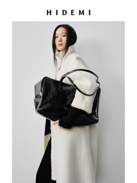 HIDEMI 双面alpaca长毛苏力羊驼毛立领可翻领式纽扣极简大衣 黑色/奶白色 商品图5