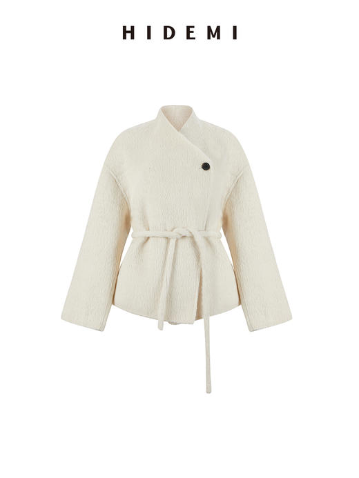 HIDEMI 双面alpaca长毛苏力羊驼毛一粒扣不对称门襟可拆卸腰带式大衣 白色/黑色 商品图13