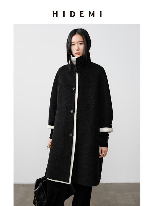 HIDEMI 双面alpaca长毛苏力羊驼毛立领可翻领式纽扣极简大衣 黑色/奶白色 商品图9