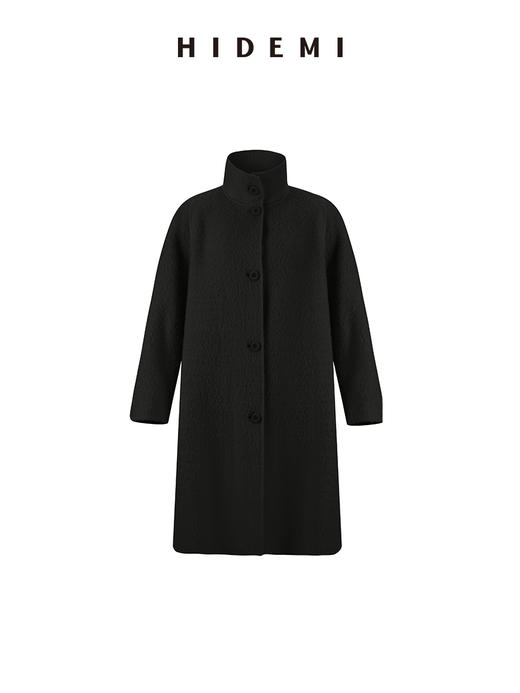 HIDEMI 双面alpaca长毛苏力羊驼毛立领可翻领式纽扣极简大衣 黑色/奶白色 商品图13