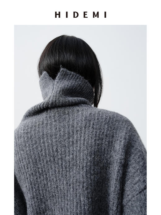 HIDEMI 羊驼毛花纱极简设计感高领长袖廓形短款毛衣 黑色/灰色 商品图7