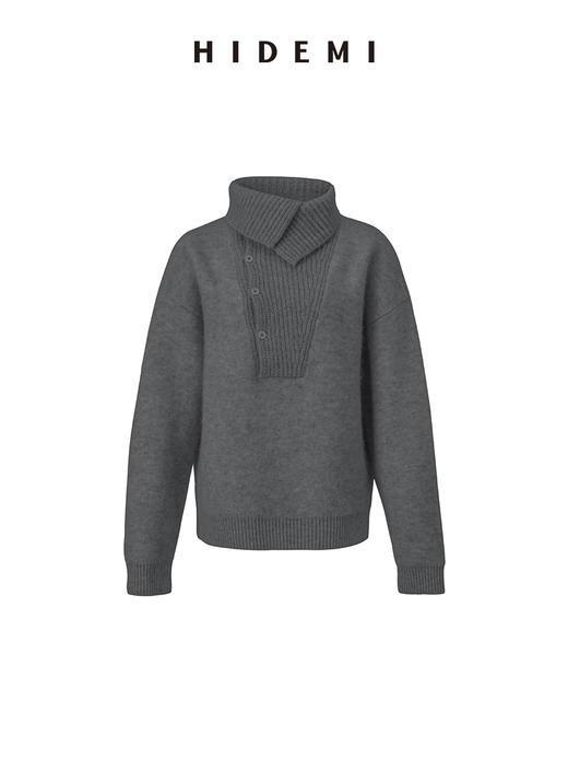 HIDEMI 羊驼毛花纱极简设计感海军大翻领厚款宽松大毛衣 灰色/燕麦色 商品图8