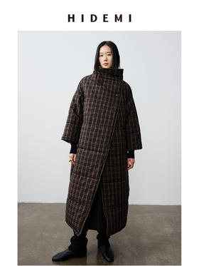 HIDEMI 格纹正反两面穿不对称极简oversize长款厚款大棉服保暖大衣