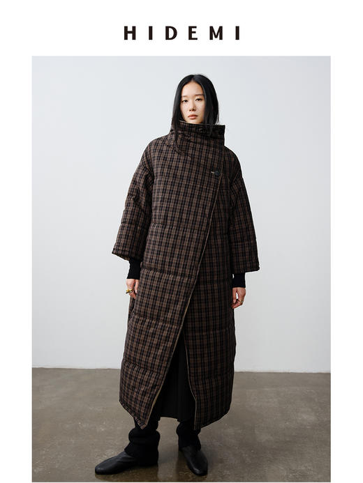 HIDEMI 格纹正反两面穿不对称极简oversize长款厚款大棉服保暖大衣 商品图0
