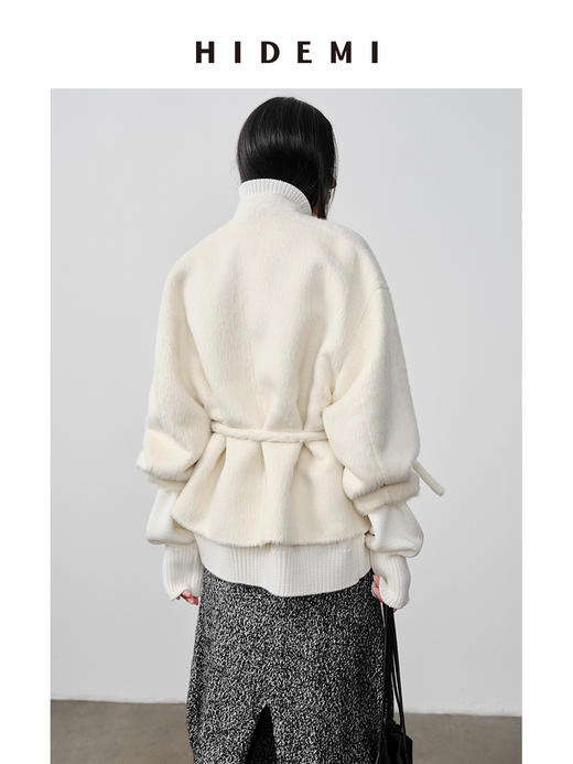 HIDEMI 双面alpaca长毛苏力羊驼毛一粒扣不对称门襟可拆卸腰带式大衣 白色/黑色 商品图7