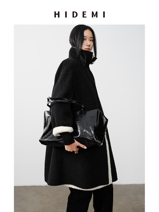 HIDEMI 双面alpaca长毛苏力羊驼毛立领可翻领式纽扣极简大衣 黑色/奶白色 商品图11