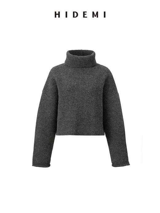 HIDEMI 羊驼毛花纱极简设计感高领长袖廓形短款毛衣 黑色/灰色 商品图9