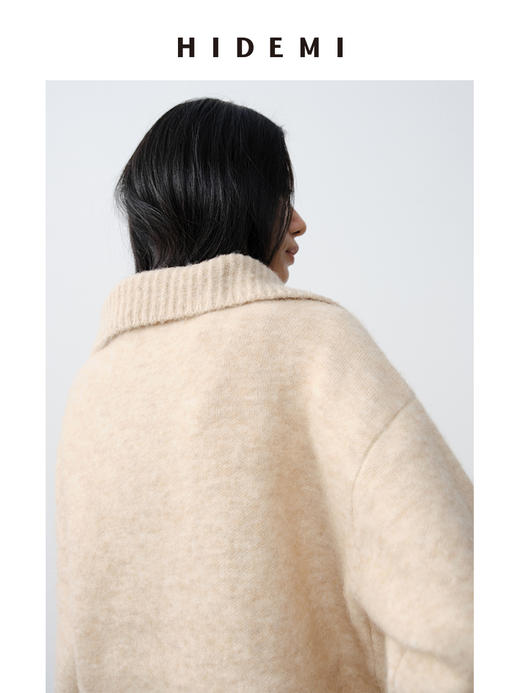 HIDEMI 羊驼毛花纱极简设计感海军大翻领厚款宽松大毛衣 灰色/燕麦色 商品图4