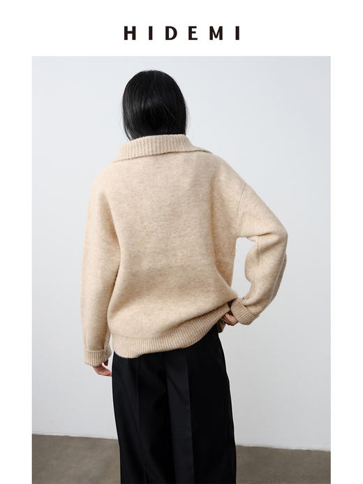 HIDEMI 羊驼毛花纱极简设计感海军大翻领厚款宽松大毛衣 灰色/燕麦色 商品图3