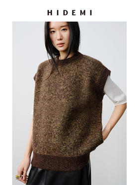 HIDEMI 马海毛羊毛混纺圈圈花针廓形极简设计感圆领加厚款马甲背心 黑色/花棕绿