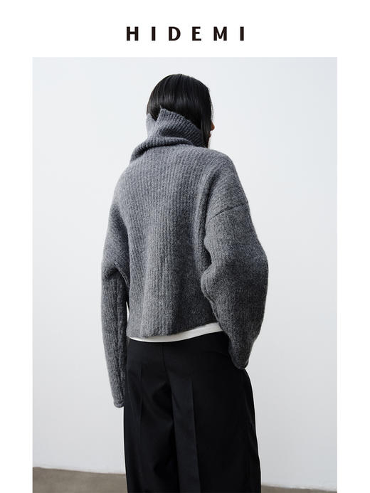 HIDEMI 羊驼毛花纱极简设计感高领长袖廓形短款毛衣 黑色/灰色 商品图6