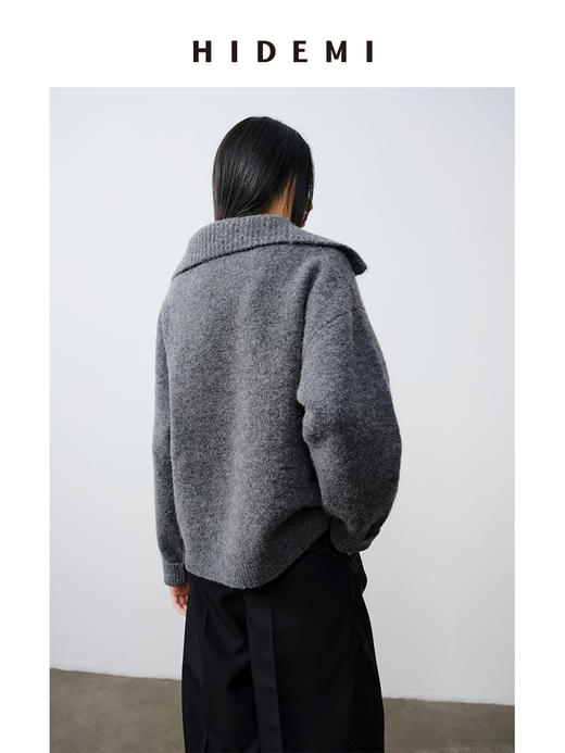 HIDEMI 羊驼毛花纱极简设计感海军大翻领厚款宽松大毛衣 灰色/燕麦色 商品图7