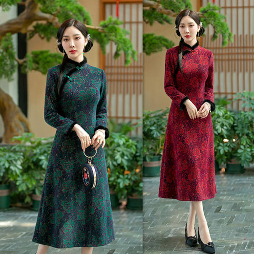 GX老上海改良新中式长款旗袍大摆裙2023冬季新款中长款女士长袖旗袍 商品图1