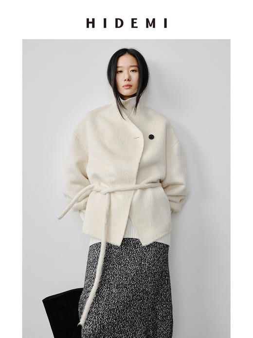 HIDEMI 双面alpaca长毛苏力羊驼毛一粒扣不对称门襟可拆卸腰带式大衣 白色/黑色 商品图5
