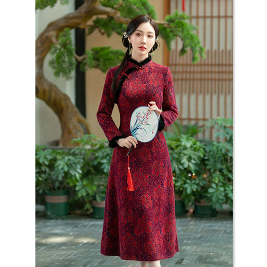 GX老上海改良新中式长款旗袍大摆裙2023冬季新款中长款女士长袖旗袍 商品图3