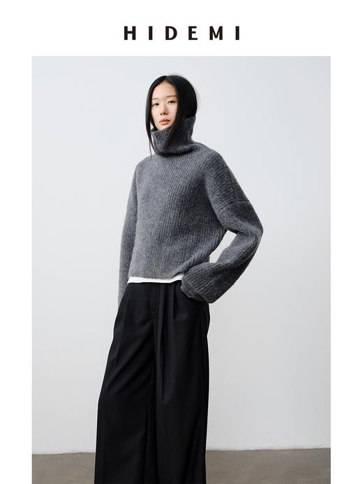 HIDEMI 羊驼毛花纱极简设计感高领长袖廓形短款毛衣 黑色/灰色 商品图5