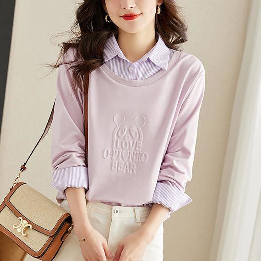 小熊压花假两件卫衣女潮ins春秋款别致休闲条纹衬衫领上衣 商品图0