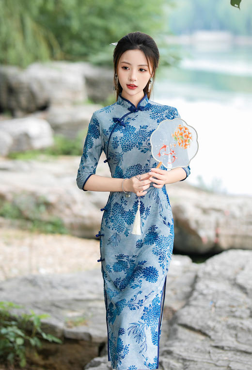 日常复古，秋冬长款双层雪尼尔七分袖旗袍改良植绒旗袍ZA-5181 商品图0