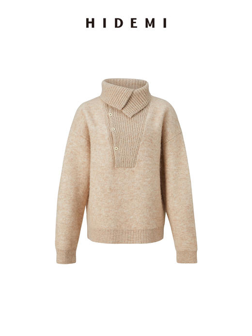 HIDEMI 羊驼毛花纱极简设计感海军大翻领厚款宽松大毛衣 灰色/燕麦色 商品图9
