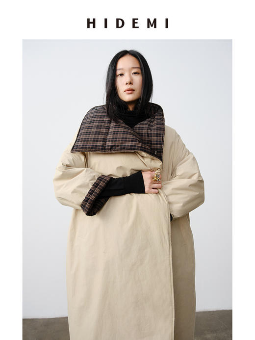 HIDEMI 格纹正反两面穿不对称极简oversize长款厚款大棉服保暖大衣 商品图6