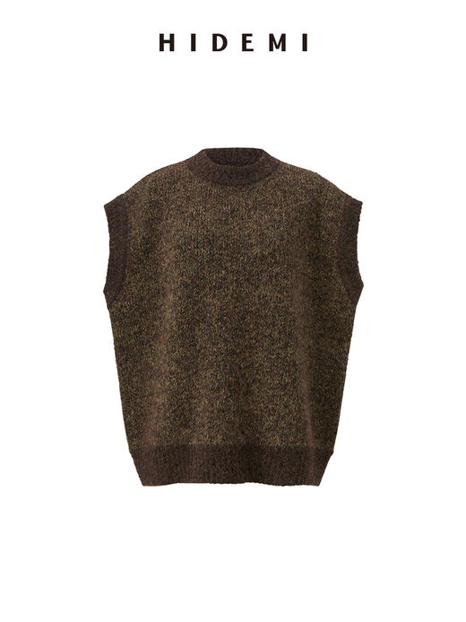 HIDEMI 马海毛羊毛混纺圈圈花针廓形极简设计感圆领加厚款马甲背心 黑色/花棕绿 商品图7