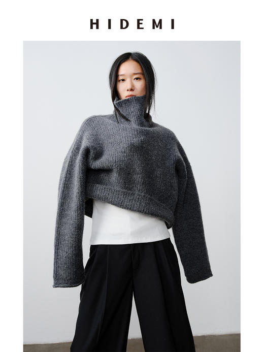 HIDEMI 羊驼毛花纱极简设计感高领长袖廓形短款毛衣 黑色/灰色 商品图2