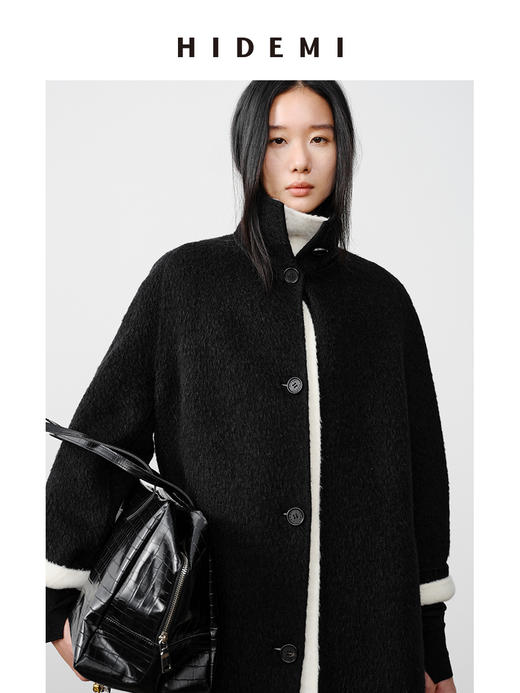 HIDEMI 双面alpaca长毛苏力羊驼毛立领可翻领式纽扣极简大衣 黑色/奶白色 商品图10