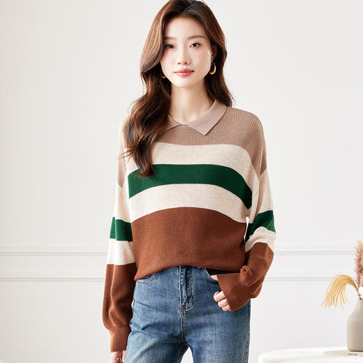 CC-ML-B675条纹娃娃领针织衫女秋冬气质上衣时尚减龄长袖上衣翻领打底毛衣 商品图2