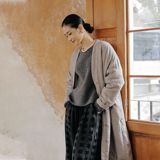 绽放875朵/宇航绒士林亚麻V领中式盘扣中长款灰色棉服秋冬外套 商品图2