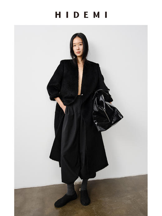 HIDEMI 双面alpaca长毛苏力羊驼毛V领无领式不对称长款西装大衣 商品图10