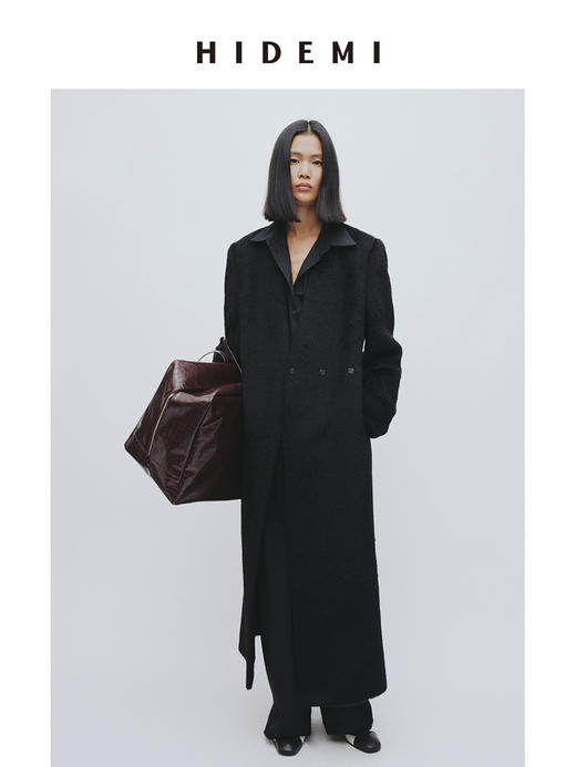 HIDEMI 双面alpaca长毛苏力羊驼毛V领无领式不对称长款西装大衣 商品图0