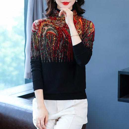 FCSF8328 2023新款时尚复古文艺印花毛衣女秋季宽松长袖慵懒风针织洋气上衣 商品图3