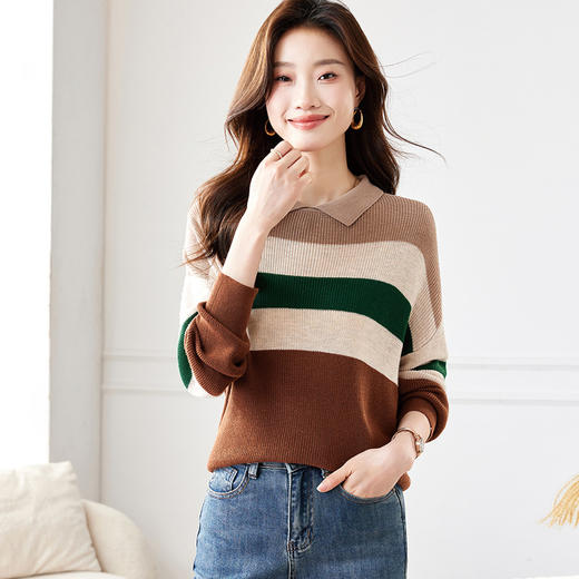 CC-ML-B675条纹娃娃领针织衫女秋冬气质上衣时尚减龄长袖上衣翻领打底毛衣 商品图0