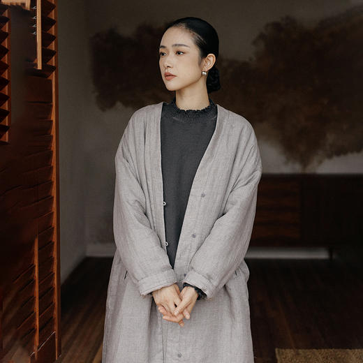 绽放875朵/宇航绒士林亚麻V领中式盘扣中长款灰色棉服秋冬外套 商品图0