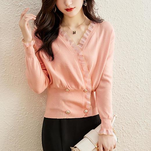 针织衫女长袖秋装新款粉色套头毛衣洋气春秋款宽松v领上衣 商品图1