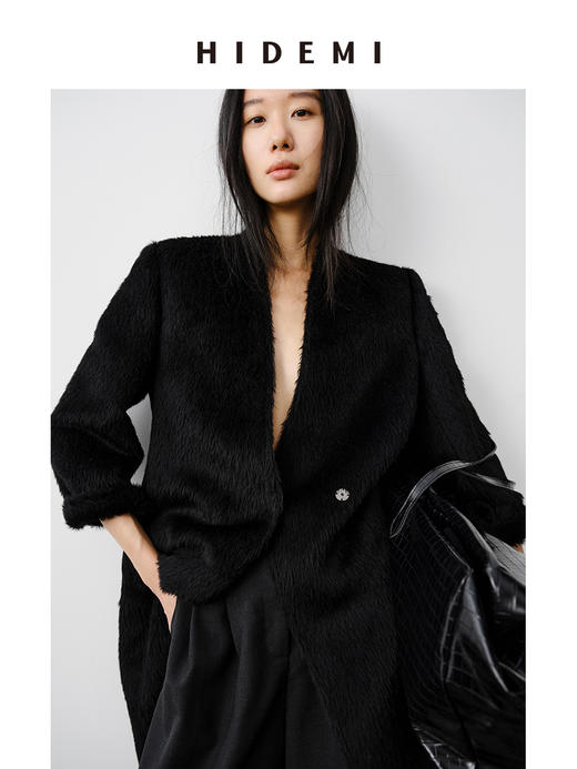 HIDEMI 双面alpaca长毛苏力羊驼毛V领无领式不对称长款西装大衣 商品图12