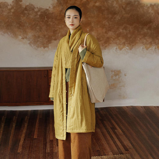 绽放875朵/宇航绒士林亚麻V领中式盘扣中长款灰色棉服秋冬外套 商品图3