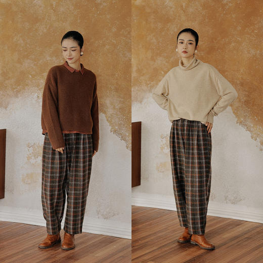 绽放801朵/美颜萝卜裤高端羊毛加厚复古格子宽松遮肉显瘦休闲裤 商品图1