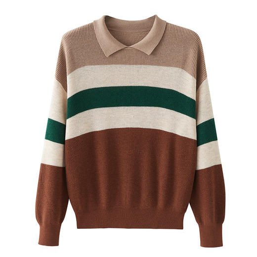 CC-ML-B675条纹娃娃领针织衫女秋冬气质上衣时尚减龄长袖上衣翻领打底毛衣 商品图4