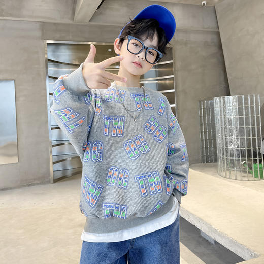 【个性字母印花卫衣！炫酷舒适】男童卫衣纯棉春装儿童长袖，T恤打底衫中大童帅气炸街上衣，呵护儿童柔嫩肌肤 流行元素嬉戏于袖口 炸街上衣勾勒出童真魅力 商品图0