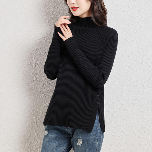 侧开叉毛衣女半高领打底衫，修身显瘦上衣内搭女秋冬可外穿针织衫CC-38-3132 商品图0