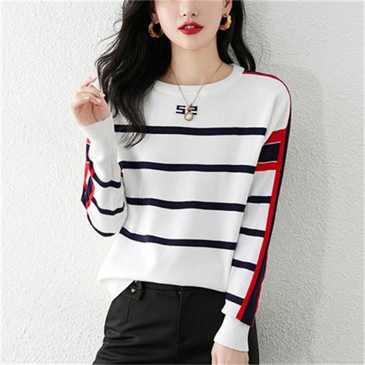 条纹针织衫女长袖秋装新款打底衫春秋款毛衣宽松外穿慵懒上衣 商品图2