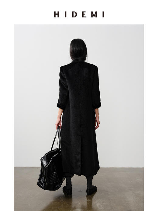 HIDEMI 双面alpaca长毛苏力羊驼毛V领无领式不对称长款西装大衣 商品图13