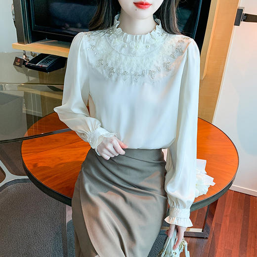 秋装新款，针织拼接雪纺衫女装长袖木耳边立领衬上衣KQL-157T6820 商品图2