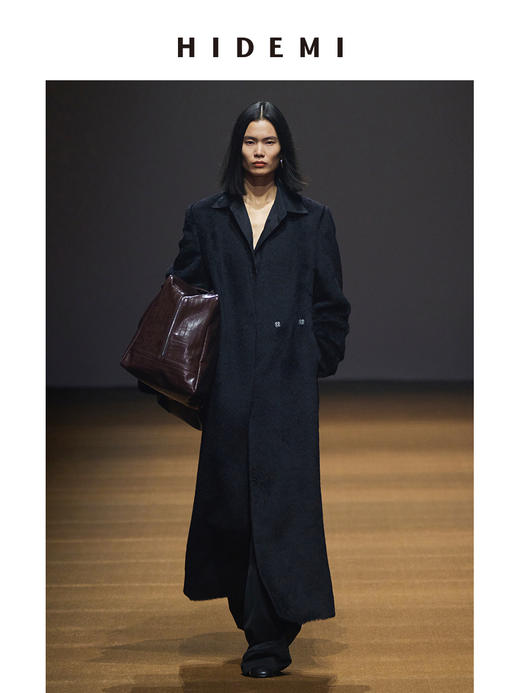 HIDEMI 双面alpaca长毛苏力羊驼毛V领无领式不对称长款西装大衣 商品图2