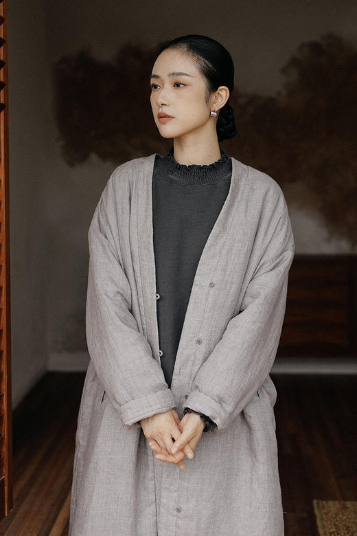 绽放875朵/宇航绒士林亚麻V领中式盘扣中长款灰色棉服秋冬外套 商品图5