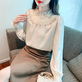 秋装新款，针织拼接雪纺衫女装长袖木耳边立领衬上衣KQL-157T6820