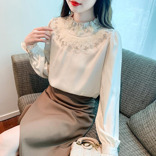 秋装新款，针织拼接雪纺衫女装长袖木耳边立领衬上衣KQL-157T6820 商品图0